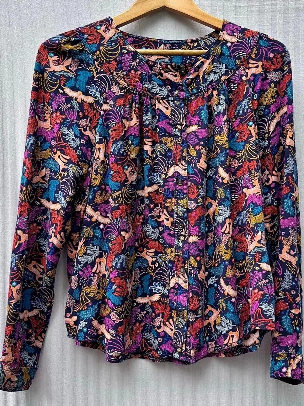Anthropologie Woodland Forest Animal Print Blouse Rayon Small S Rabbit Owl